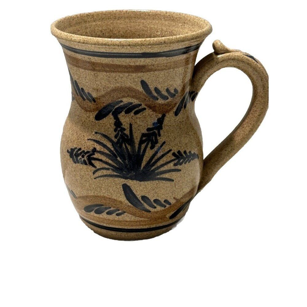 Vintage Signed Artisan Glazed Pottery Mug Cup Handled Vase Plants Floral